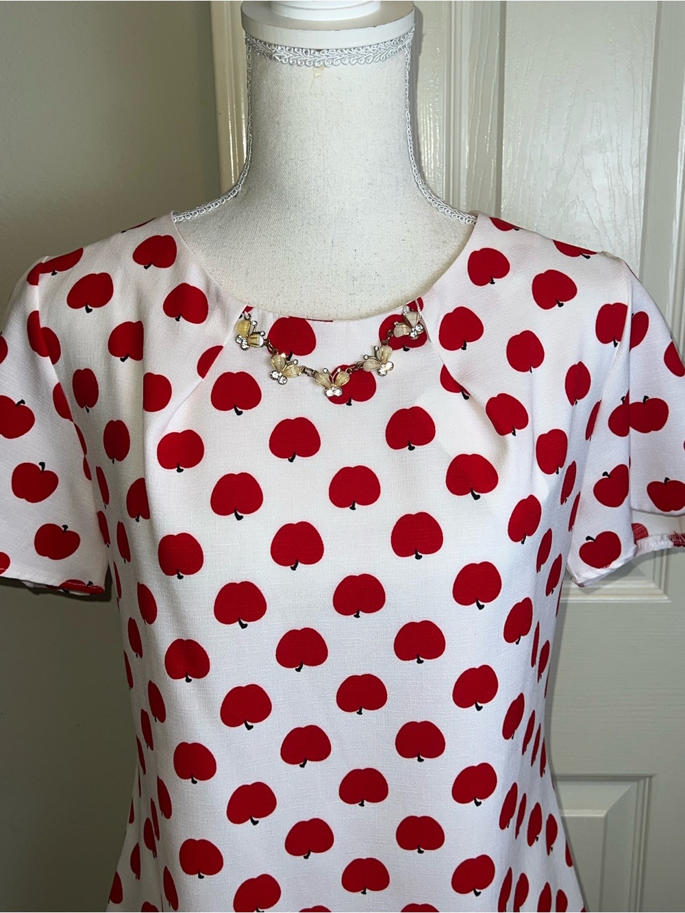 Apple Print Blouse With Jeweled Neckline